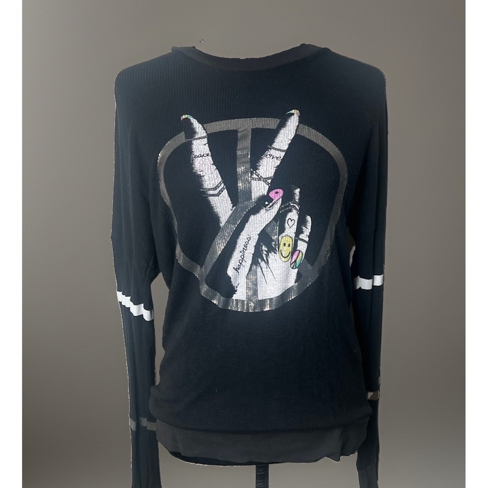 Lauren Moshi McKinley Peace Love Black Termal Long Sleeve Shirt Small